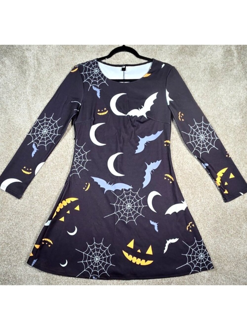 Shy Land Halloween Swing Dress Pumpkin Bats Spider Web Long Sleeve Knee Length L